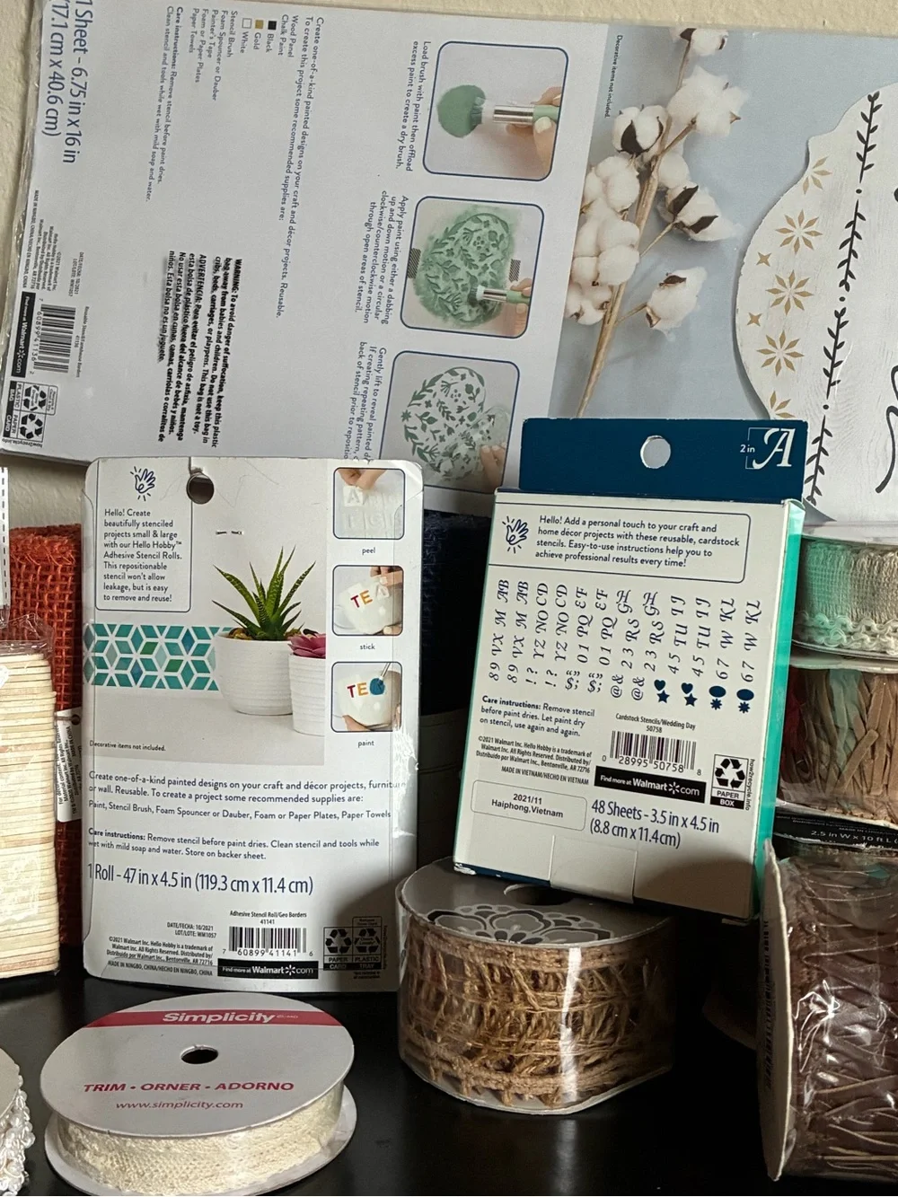 NWT Assorted Craft Bundle Set: Burlap/Ribbons/Stencils/Craft Sticks/Jingle Bells